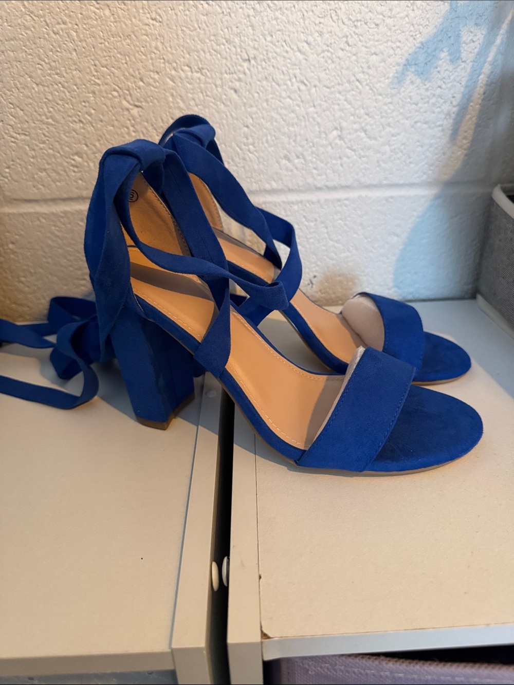 Women's Blue Suede Block Heel Sandals with Ankle Tie